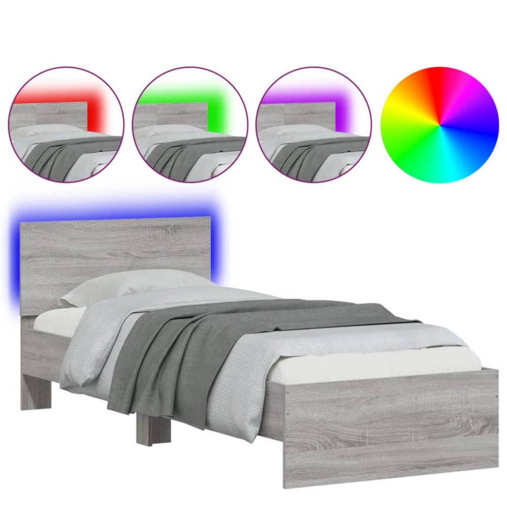 vidaXL Cadru de pat cu tăblie și lumini LED, gri sonoma, 90x200 cm