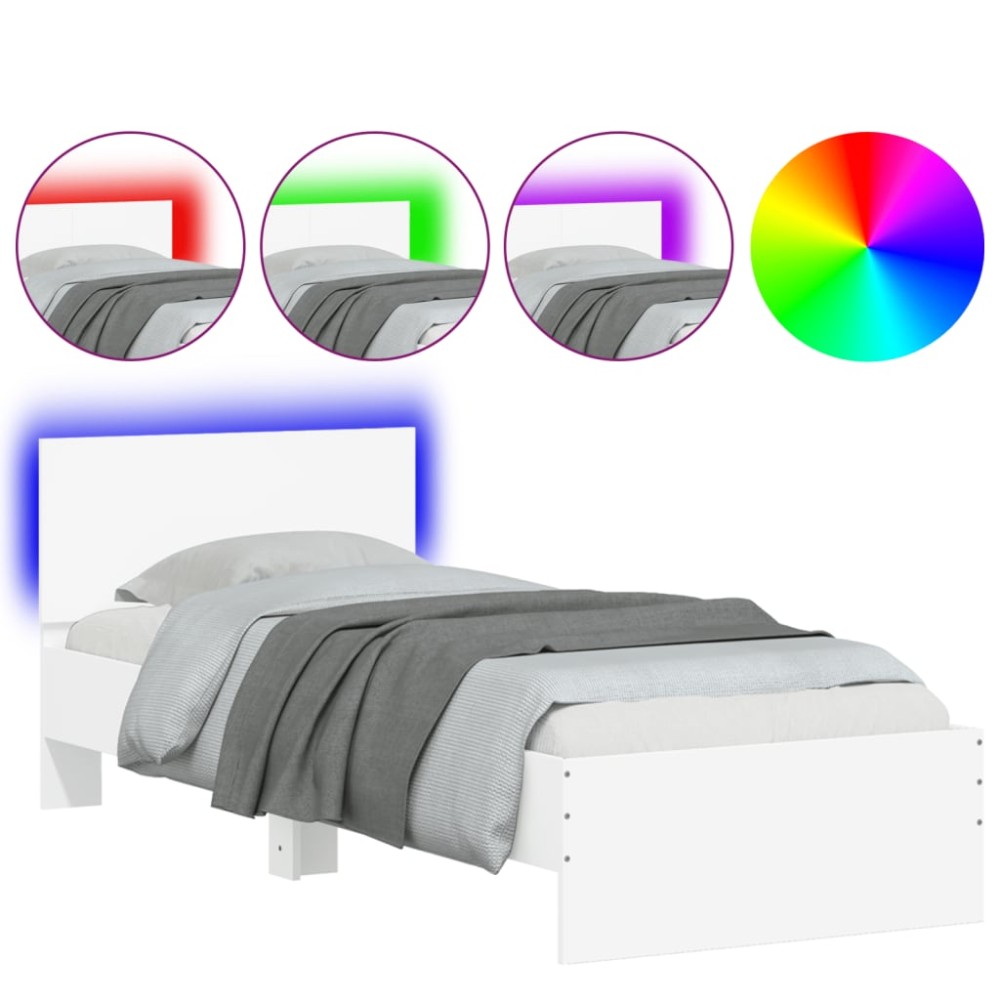 vidaXL Cadru de pat cu tăblie și lumini LED, alb, 90x190 cm