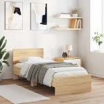 vidaXL Cadru de pat cu tăblie și lumini LED, stejar sonoma, 90x190 cm