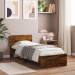 vidaXL Cadru de pat cu tăblie și lumini LED, stejar fumuriu, 90x190 cm