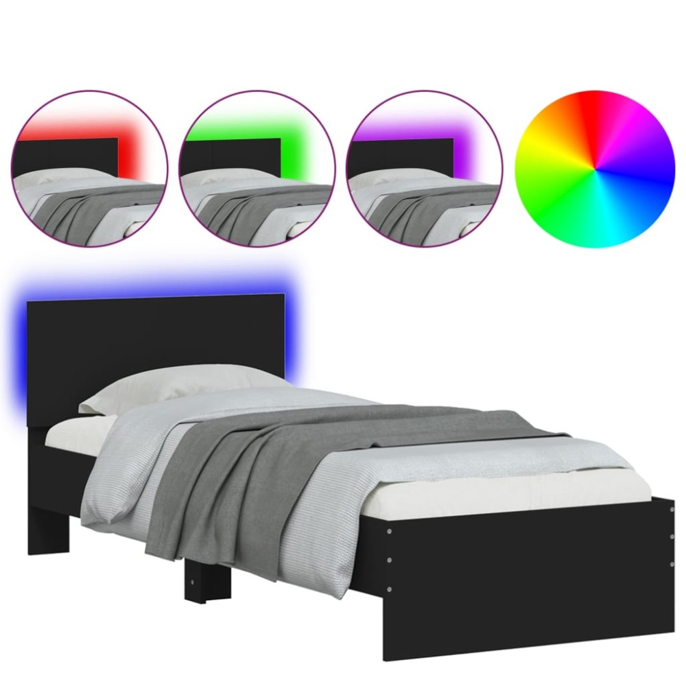 vidaXL Cadru de pat cu tăblie și lumini LED, negru, 75x190 cm