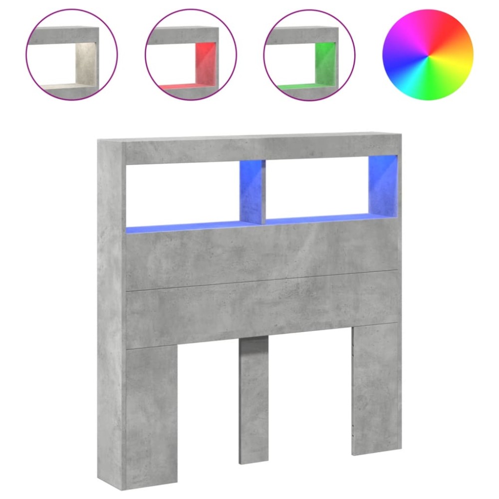 vidaXL Tăblie de pat cu dulap și LED, gri beton, 100x17x102 cm