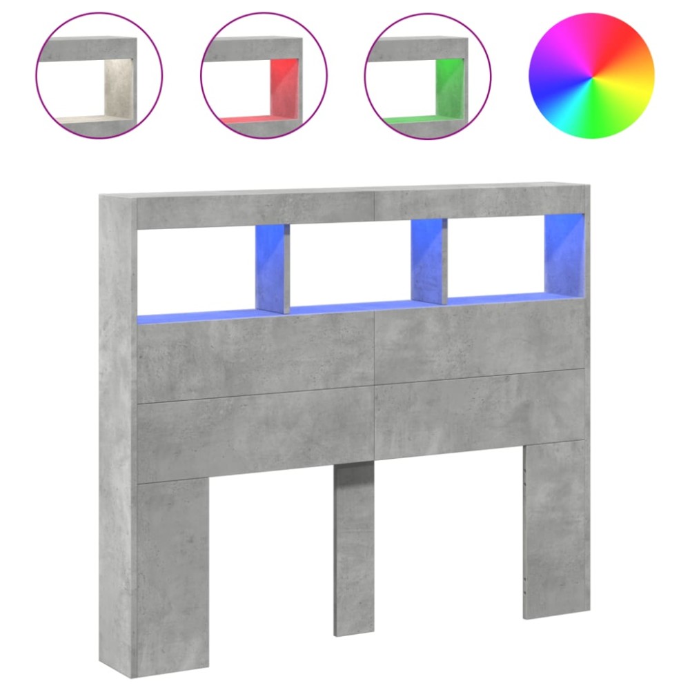vidaXL Tăblie de pat cu dulap și LED, gri beton, 120x17x102 cm