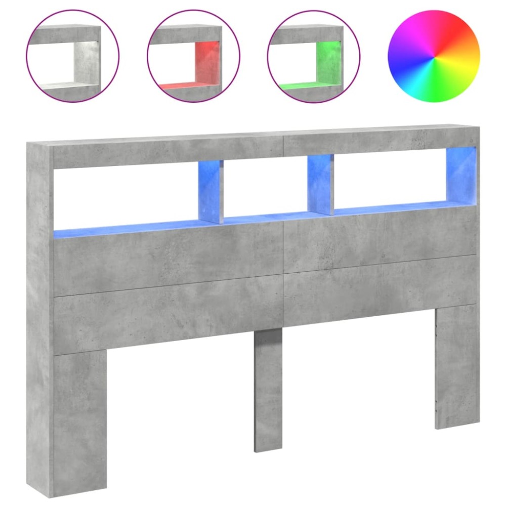 vidaXL Tăblie de pat cu dulap și LED, gri beton, 160x17x102 cm