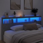 vidaXL Tăblie de pat cu dulap și LED, gri beton, 220x17x102 cm