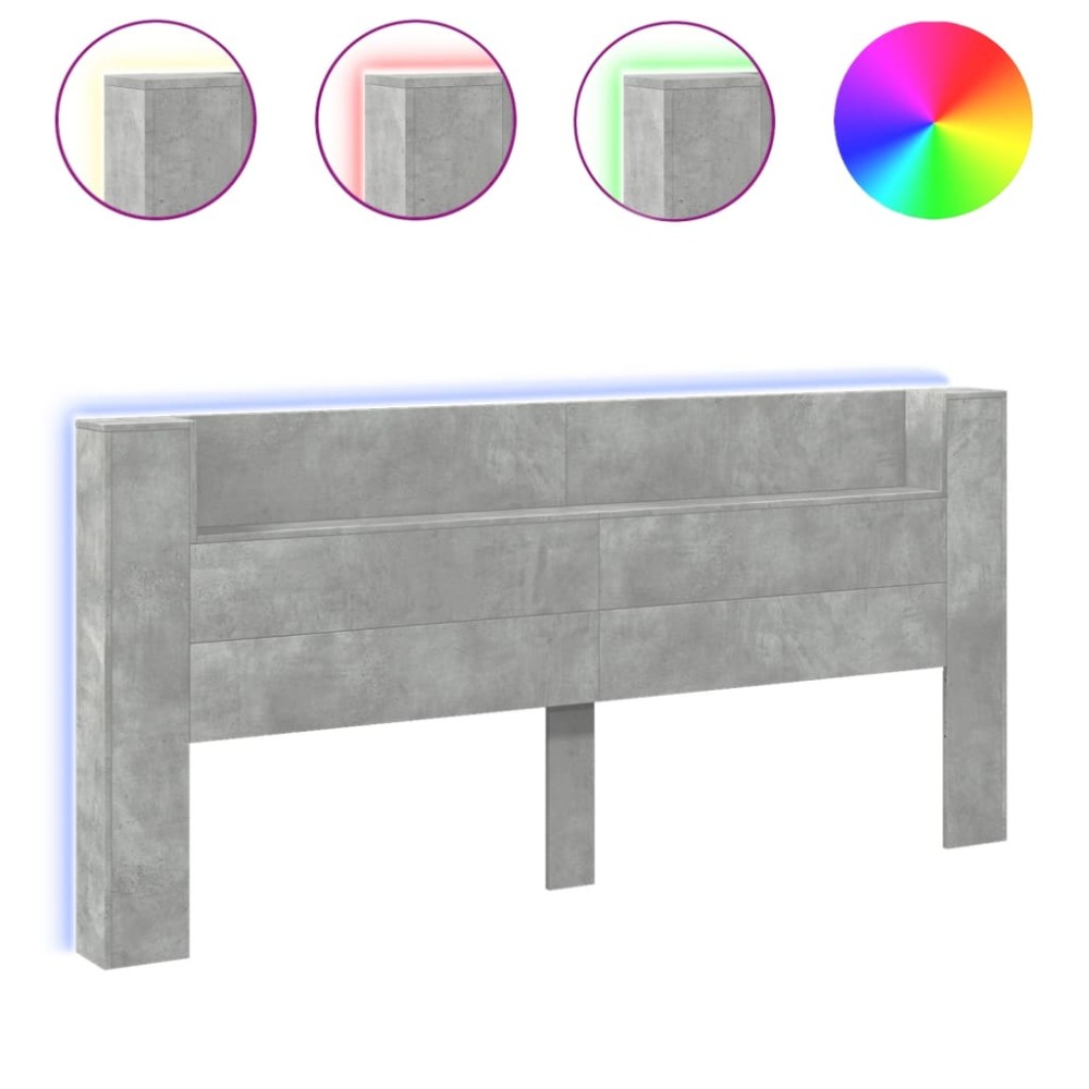 vidaXL Tăblie de pat cu dulap și LED, gri beton, 220x16,5x103,5 cm