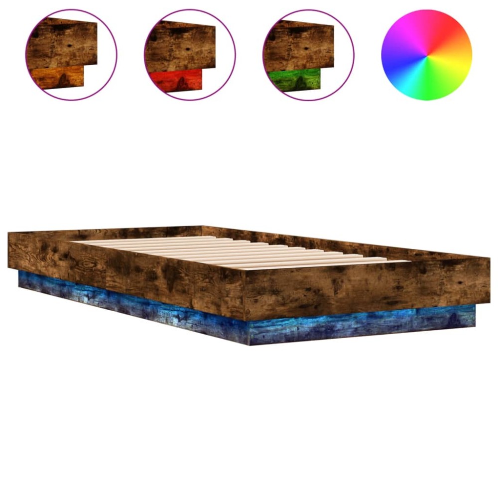 vidaXL Cadru de pat cu lumini LED, stejar fumuriu, 90x200 cm