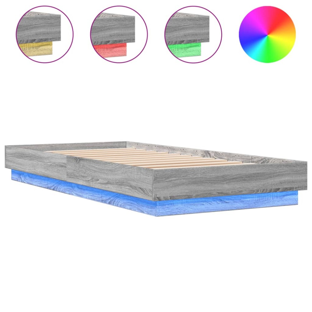 vidaXL Cadru de pat cu lumini LED, gri sonoma, 90x200 cm
