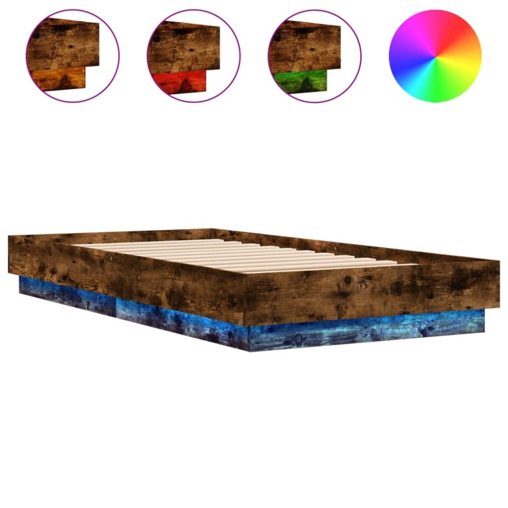 vidaXL Cadru de pat cu lumini LED, stejar fumuriu, 90x190 cm