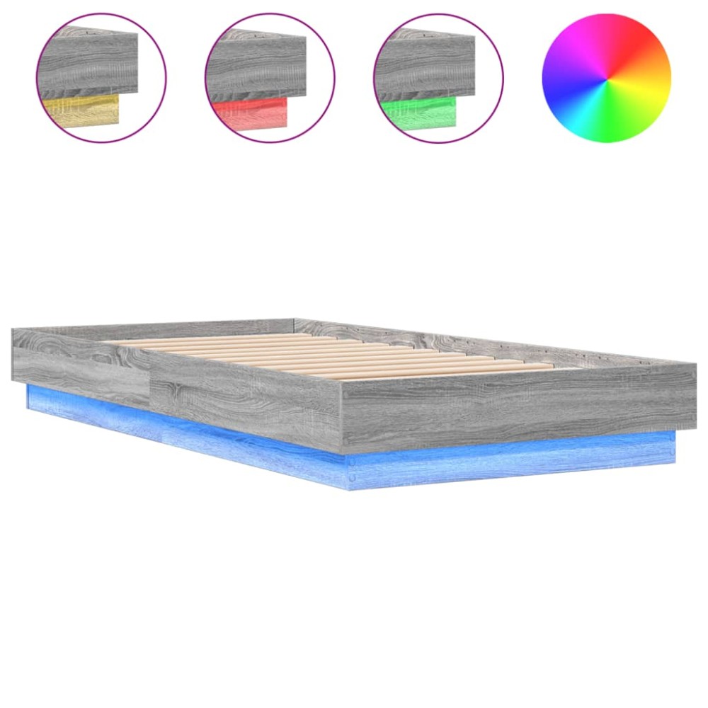 vidaXL Cadru de pat cu lumini LED, gri sonoma, 90x190 cm