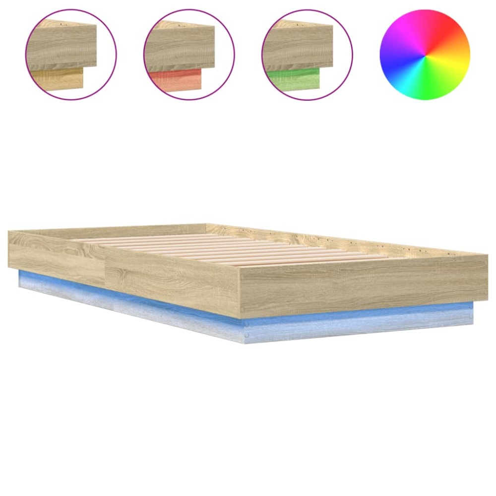 vidaXL Cadru de pat cu lumini LED, stejar sonoma, 75x190 cm