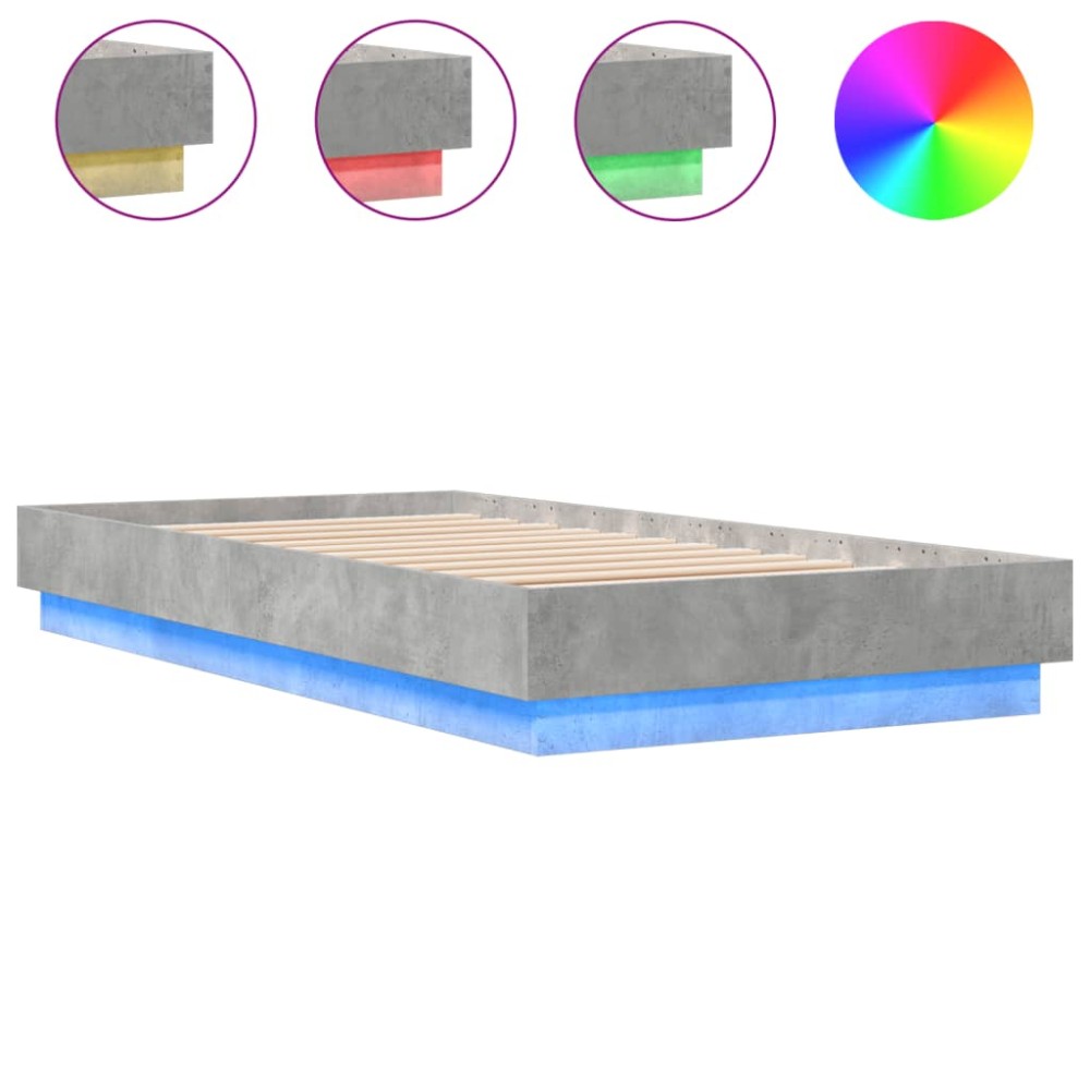 vidaXL Cadru de pat cu lumini LED, gri beton, 75x190 cm