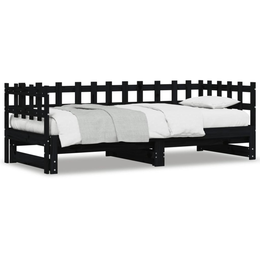vidaXL Pat de zi extensibil, negru, 2x(90x190) cm, lemn masiv de pin