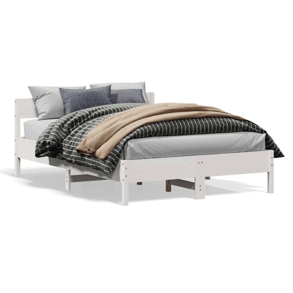 vidaXL Cadru de pat fără saltea, alb, 135x190 cm, lemn masiv de pin