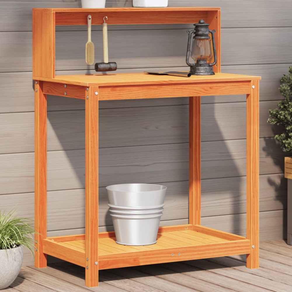 vidaXL Masă plantare cu rafturi maro 82,5x50x109,5 cm lemn masiv pin