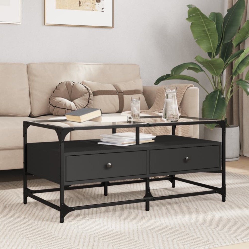 vidaXL Măsuță de cafea cu blat din sticlă negru 98,5x50x45 cm oțel