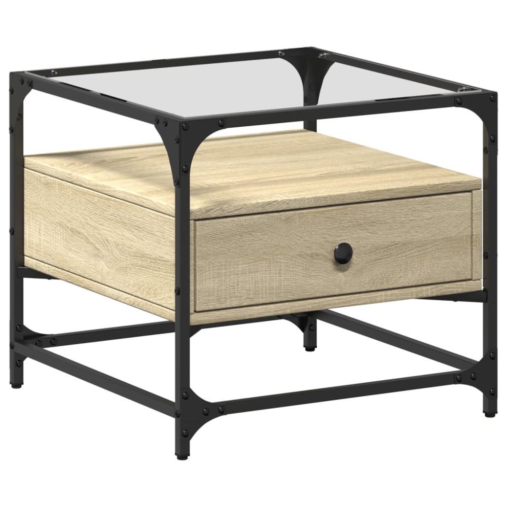 vidaXL Măsuță cafea cu blat din sticlă stejar sonoma 50x50x45 cm oțel