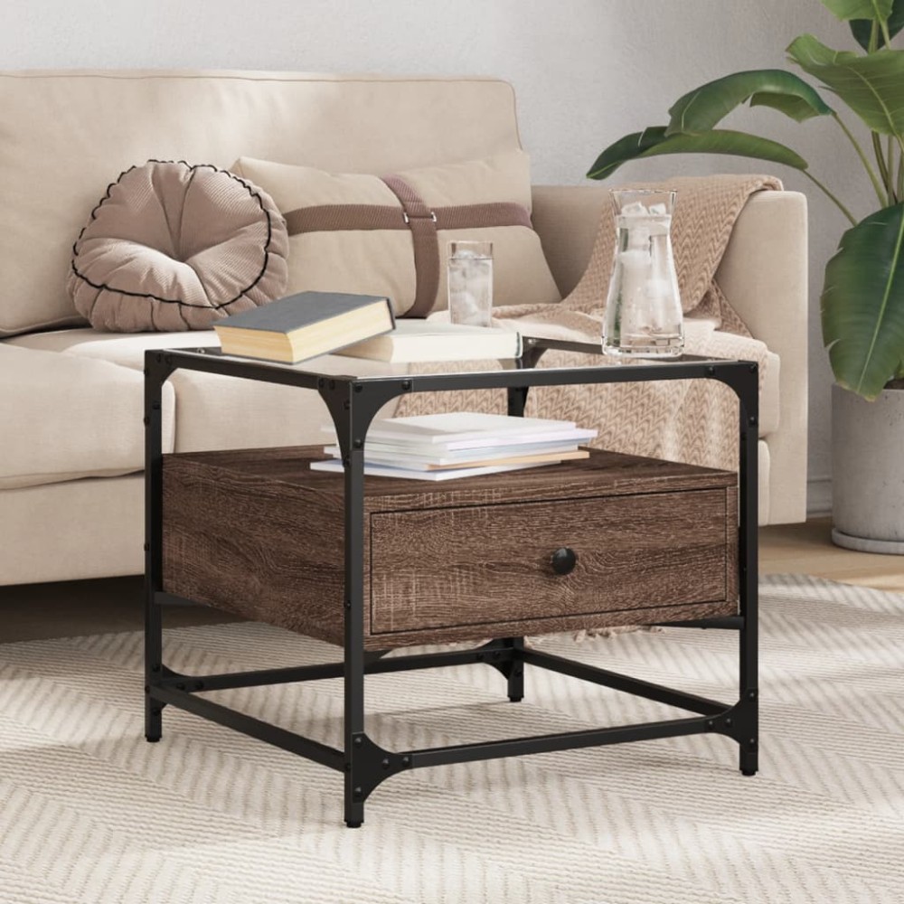 vidaXL Măsuță cafea cu blat din sticlă stejar maro 50x50x45 cm oțel
