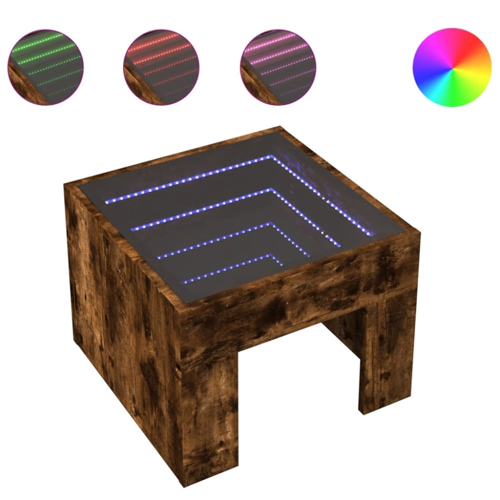 vidaXL Măsuță de cafea cu LED infinity, stejar fumuriu, 40x40x30 cm