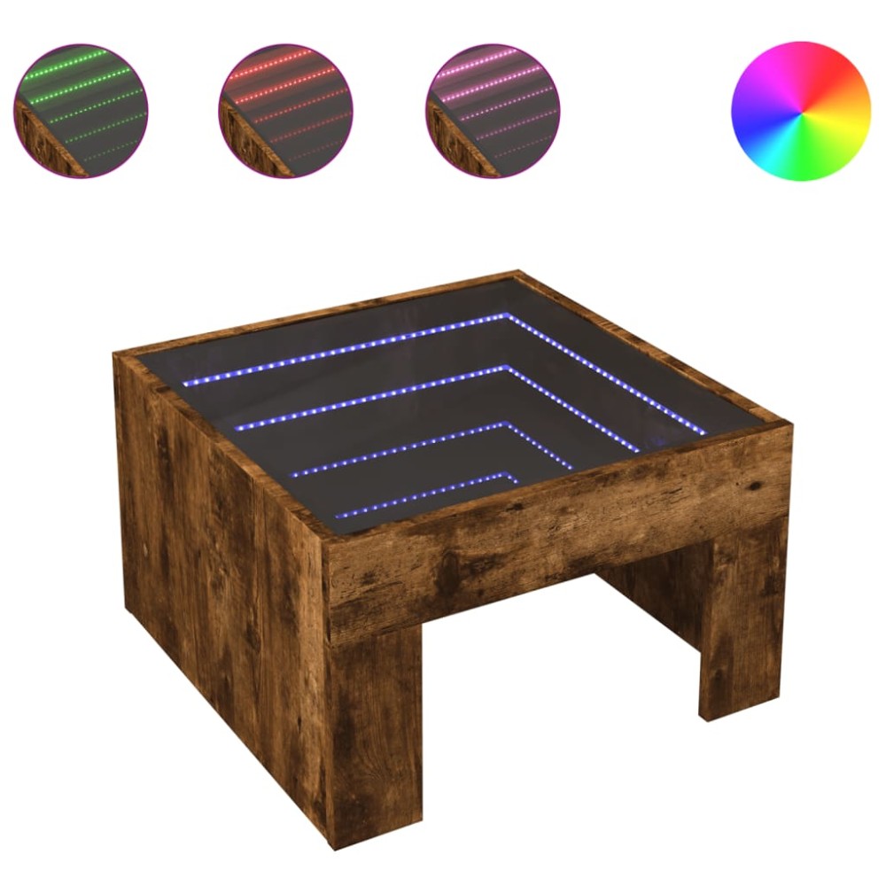 vidaXL Măsuță de cafea cu LED infinity, stejar fumuriu, 50x50x30 cm