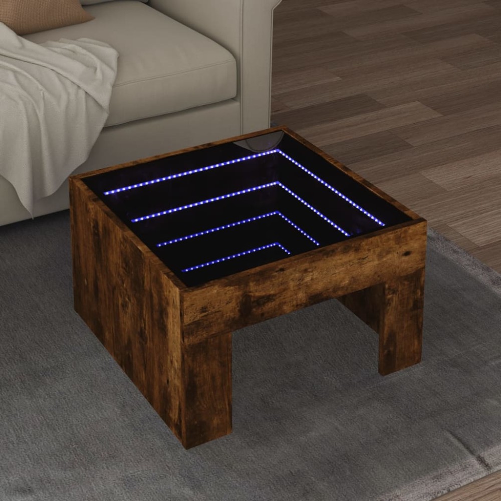 vidaXL Măsuță de cafea cu LED infinity, stejar fumuriu, 50x50x30 cm
