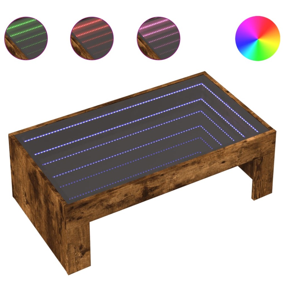 vidaXL Măsuță de cafea cu LED infinity, stejar fumuriu, 90x50x30 cm