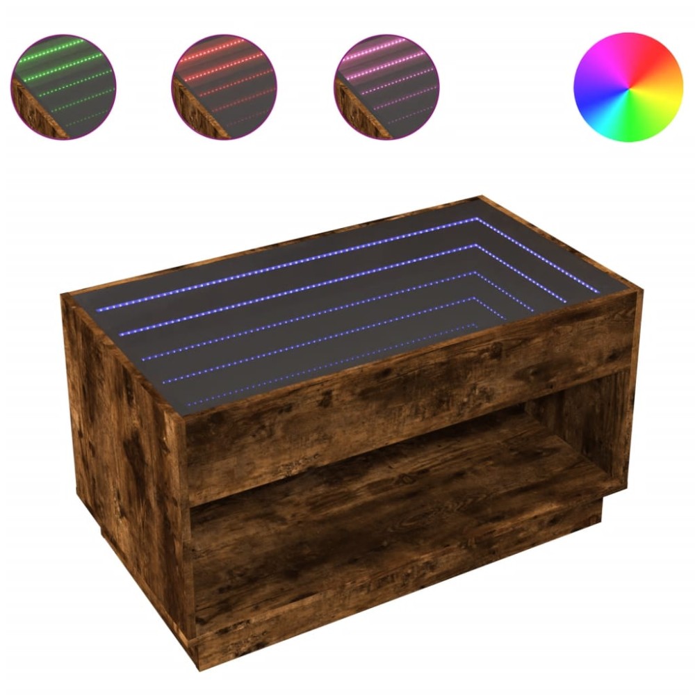 vidaXL Măsuță de cafea cu LED infinity, stejar fumuriu, 90x50x50 cm