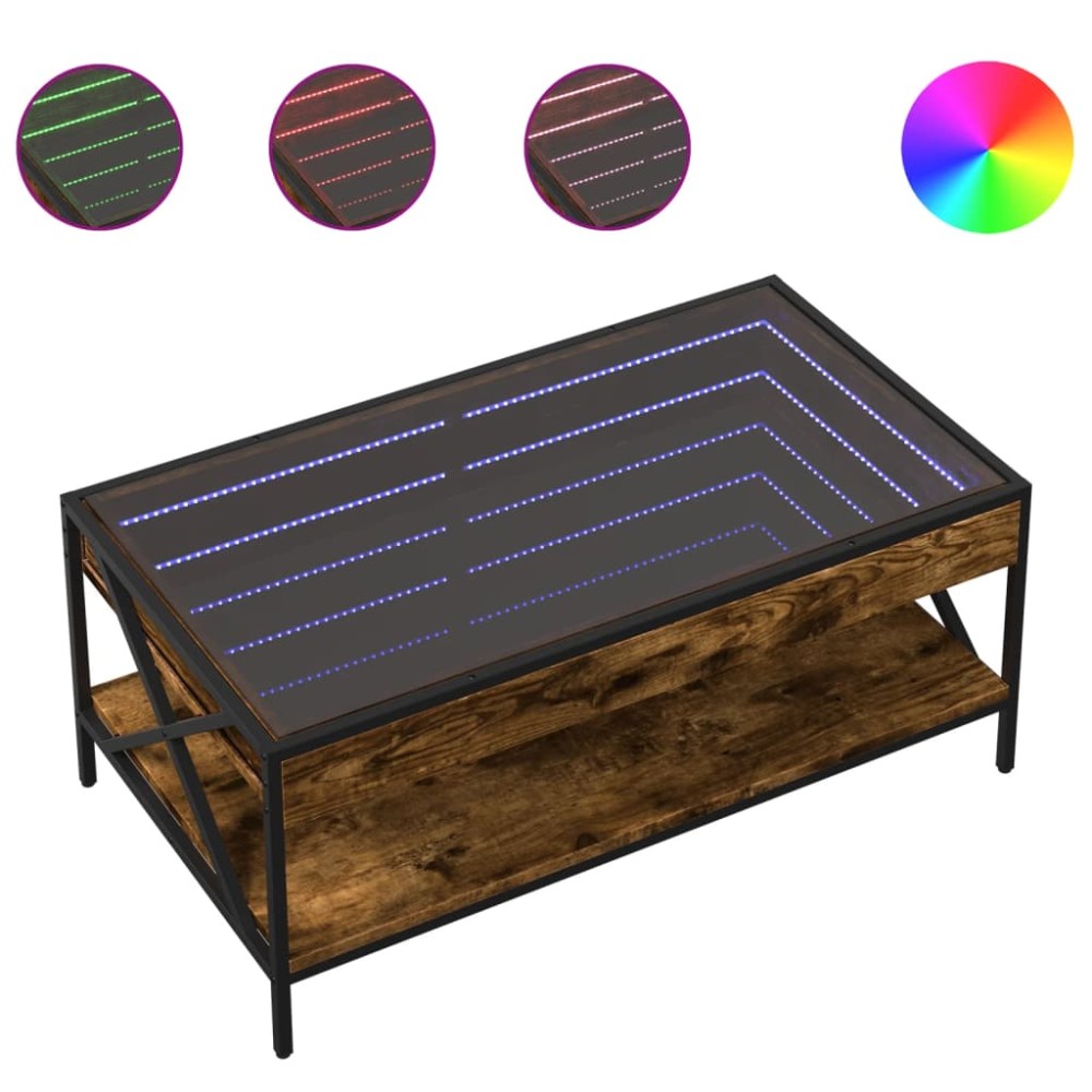vidaXL Măsuță de cafea cu LED infinity, stejar fumuriu, 90x50x38 cm