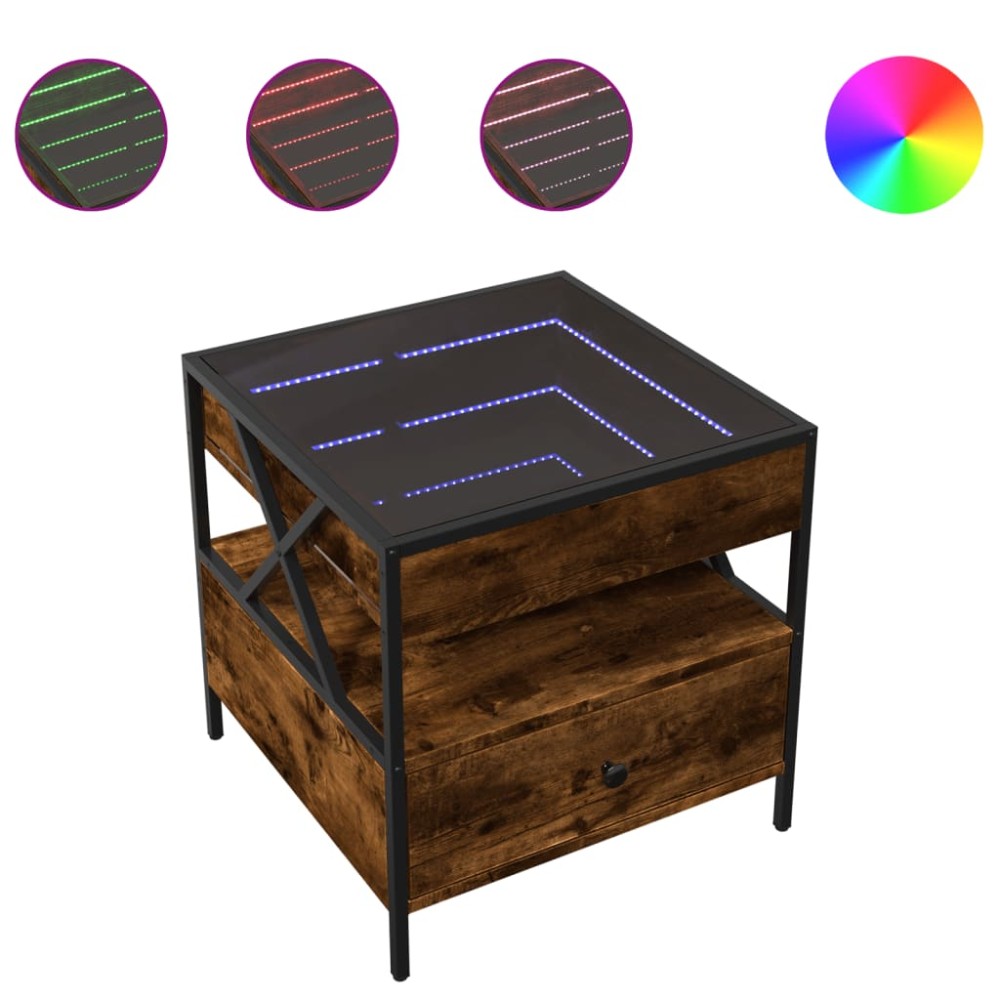 vidaXL Măsuță de cafea cu LED infinity, stejar fumuriu, 50x50x51 cm