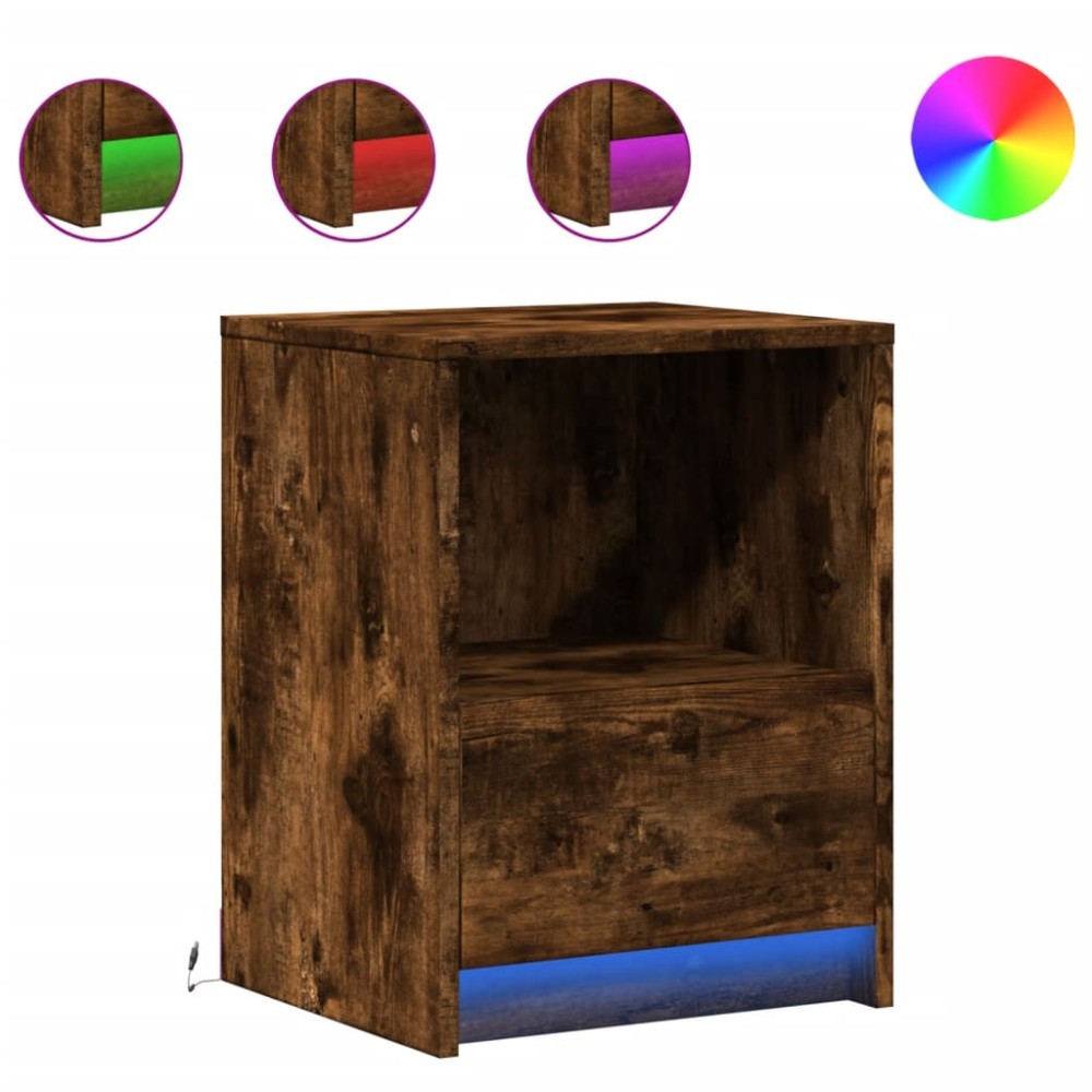vidaXL Noptiere cu lumini LED, 2 buc., stejar fumuriu, lemn prelucrat