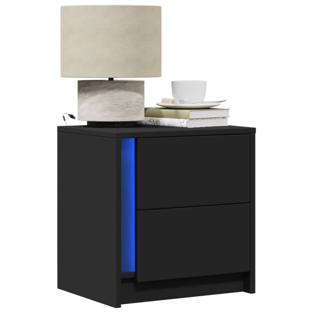 vidaXL Noptiere cu lumini LED, 2 buc., negru, lemn prelucrat