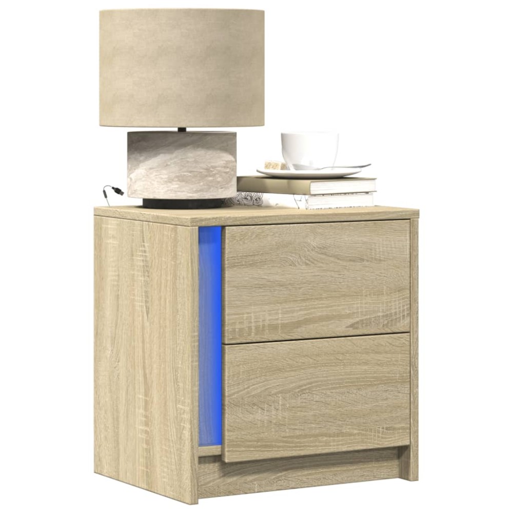 vidaXL Noptiere cu lumini LED, 2 buc., stejar sonoma, lemn prelucrat