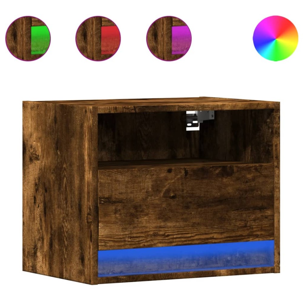 vidaXL Noptiere montate pe perete cu lumini LED, 2 buc.,stejar fumuriu