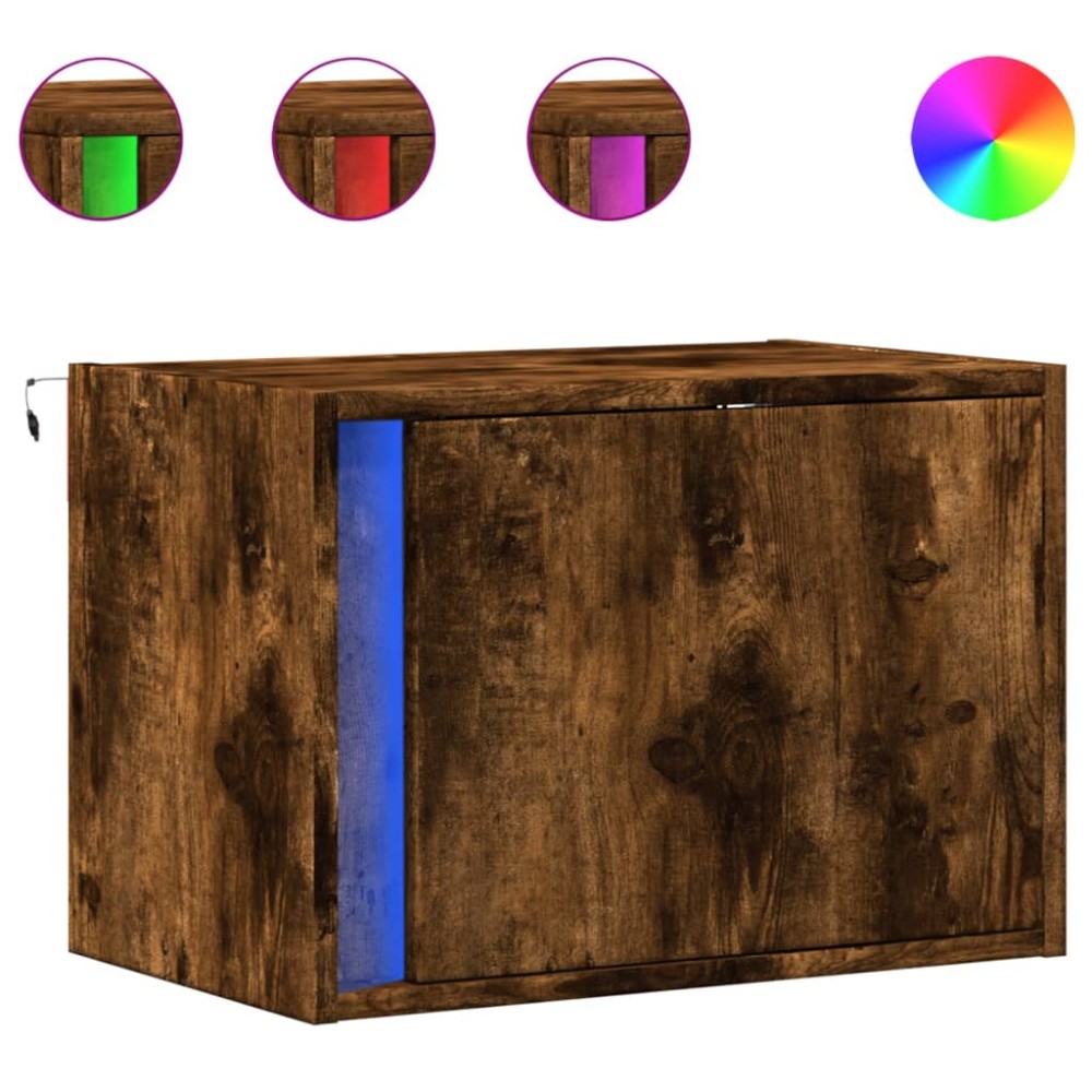 vidaXL Noptiere montate pe perete cu lumini LED, 2 buc.,stejar fumuriu