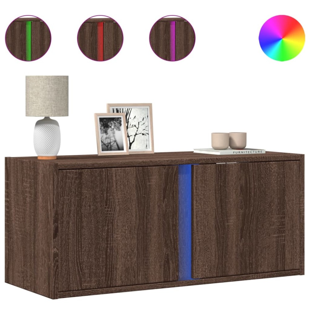 vidaXL Comodă TV de perete cu lumini LED, stejar maro, 80x31x35 cm