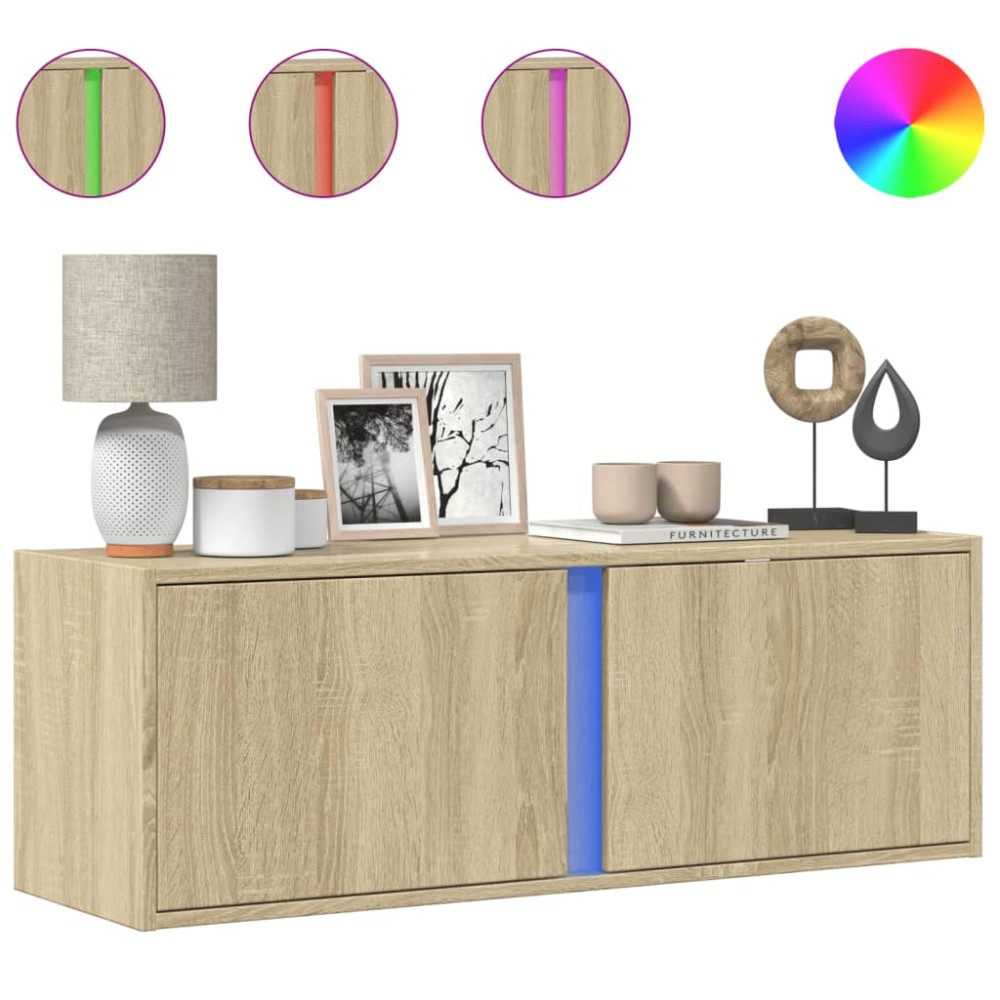 vidaXL Dulap TV de perete cu lumini LED, stejar sonoma, 100x31x35 cm
