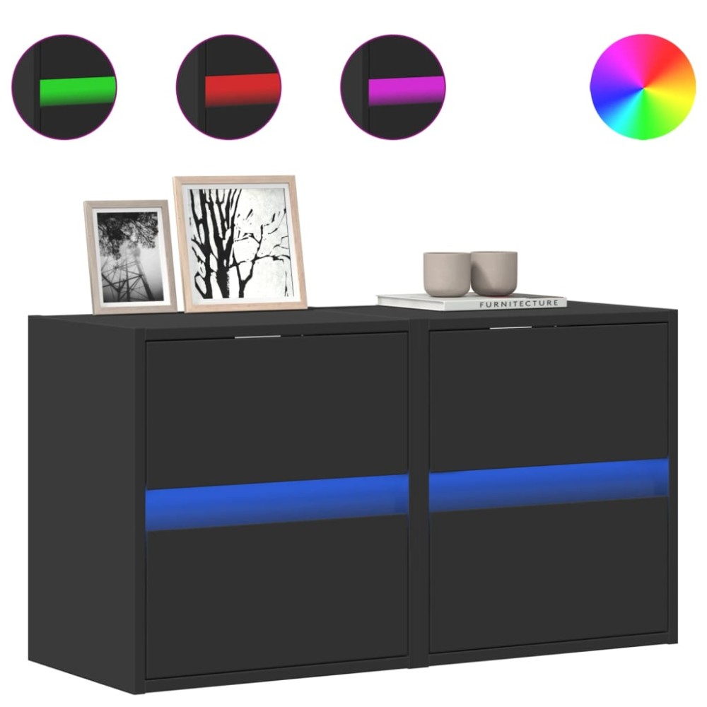 vidaXL Comode TV de perete cu lumini LED, 2 buc., negru, 41x31x45 cm
