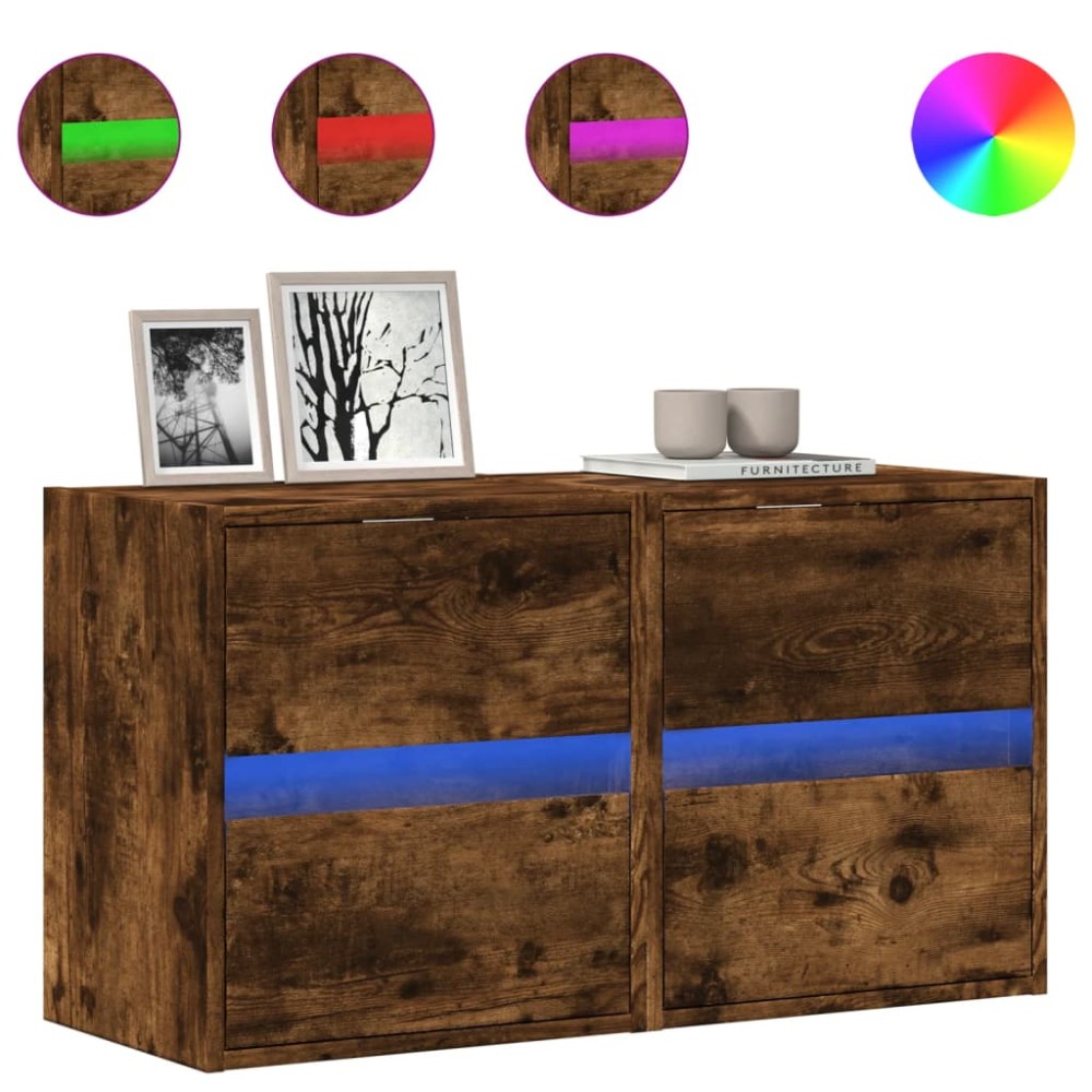 vidaXL Comodă TV de perete cu LED, 2 buc. stejar fumuriu, 41x31x45 cm
