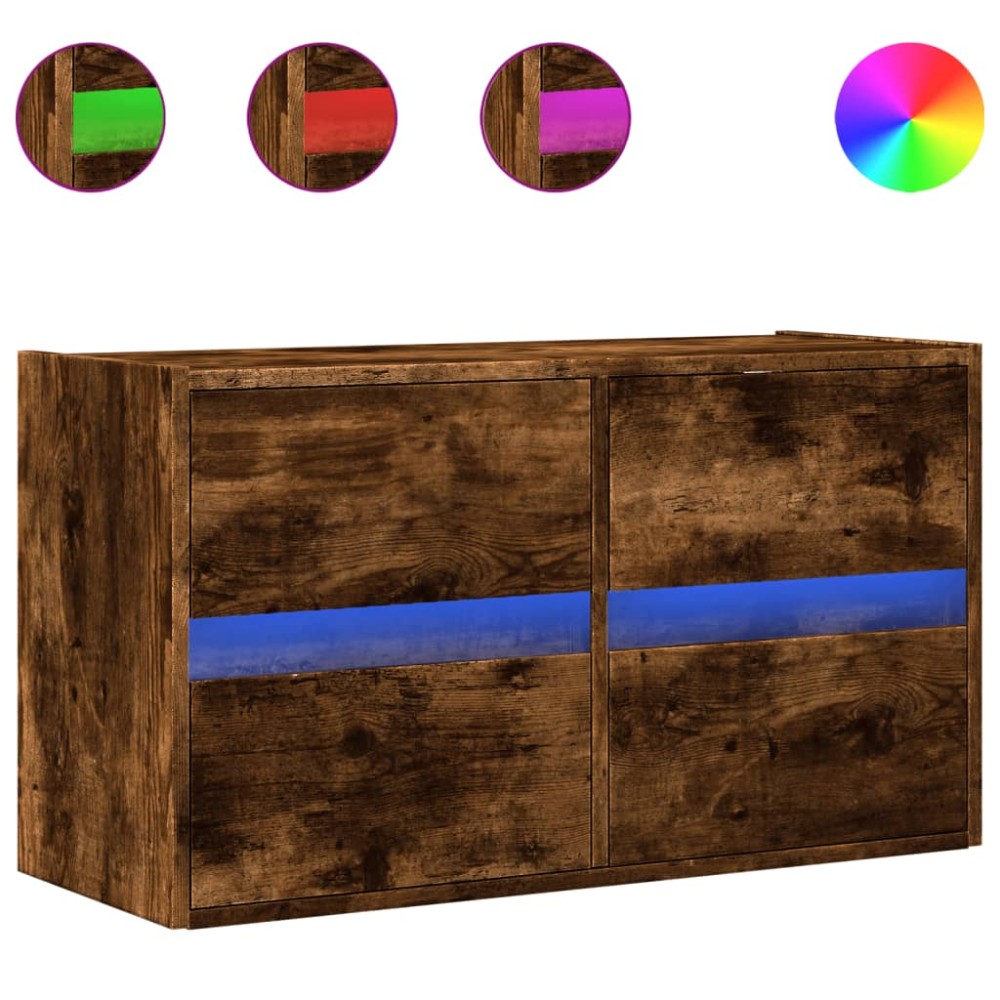 vidaXL Comodă TV de perete cu lumini LED, stejar fumuriu, 80x31x45 cm