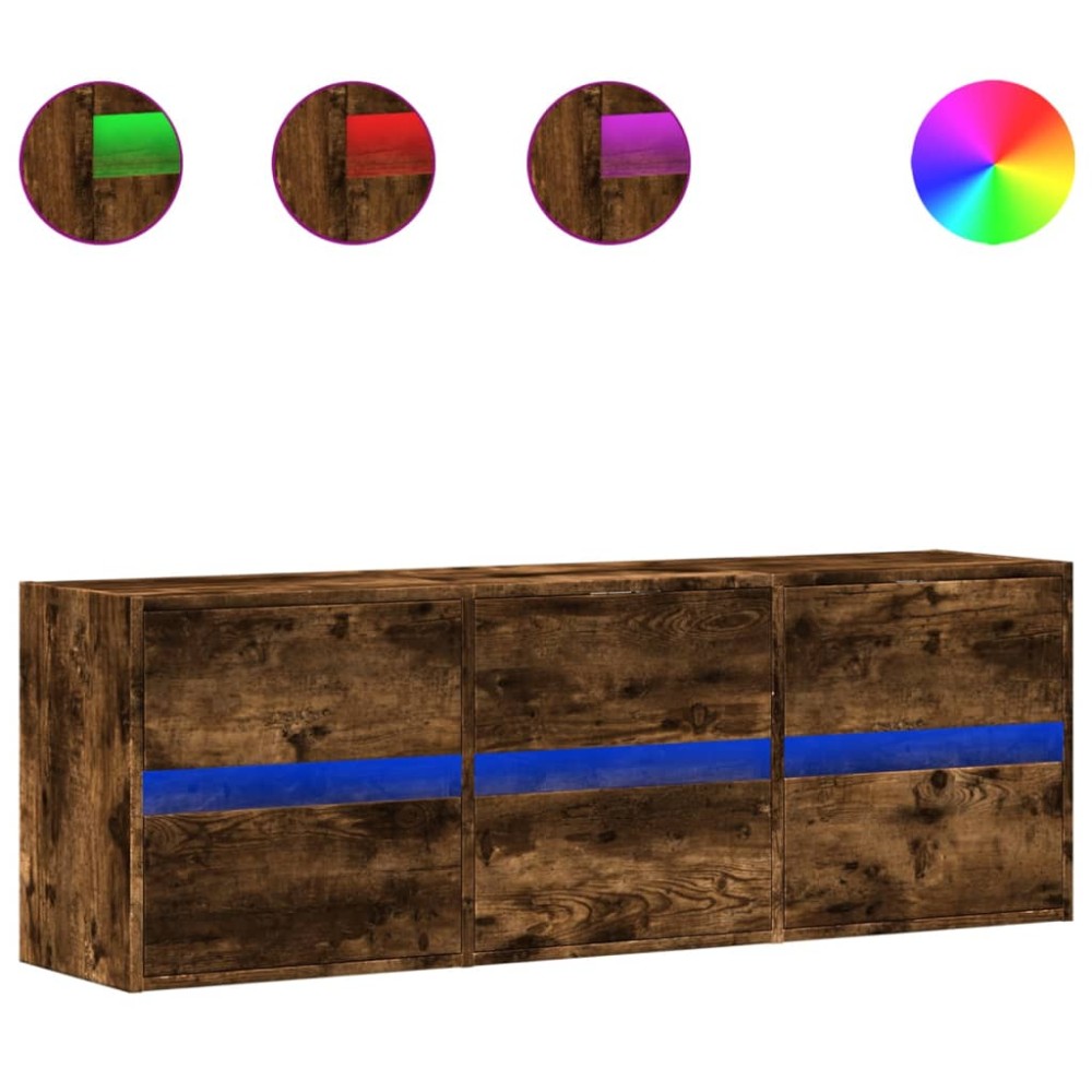vidaXL Comodă TV de perete cu lumini LED, stejar fumuriu, 130x31x45 cm