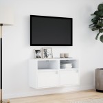 vidaXL Comode TV de perete cu lumini LED, 2 buc., alb, 41x31x45 cm