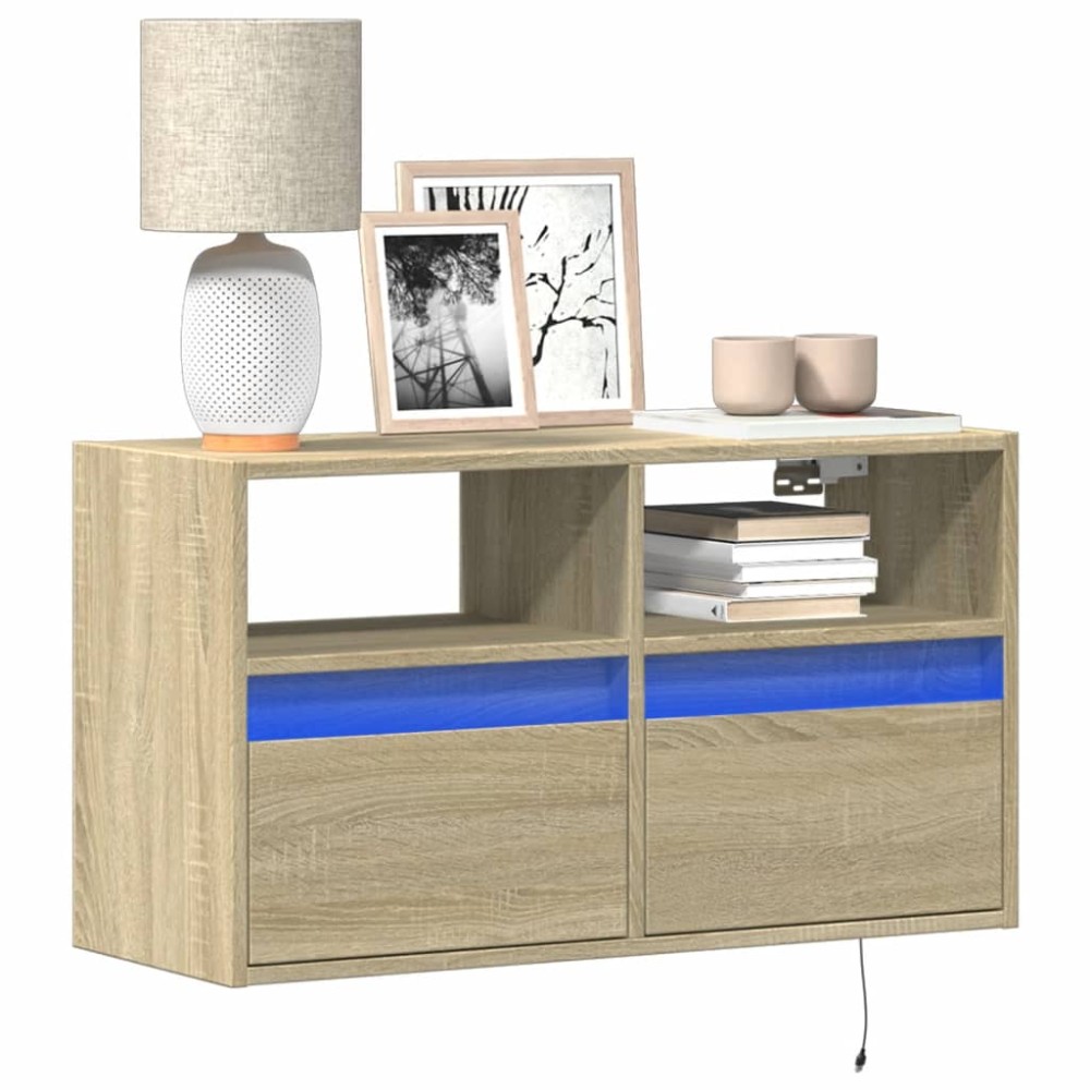 vidaXL Comodă TV de perete cu lumini LED, stejar sonoma, 80x31x45 cm