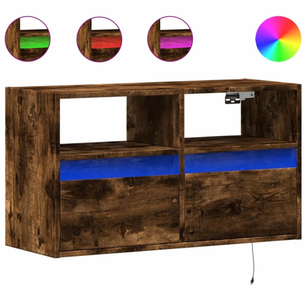 vidaXL Comodă TV de perete cu lumini LED, stejar fumuriu, 80x31x45 cm