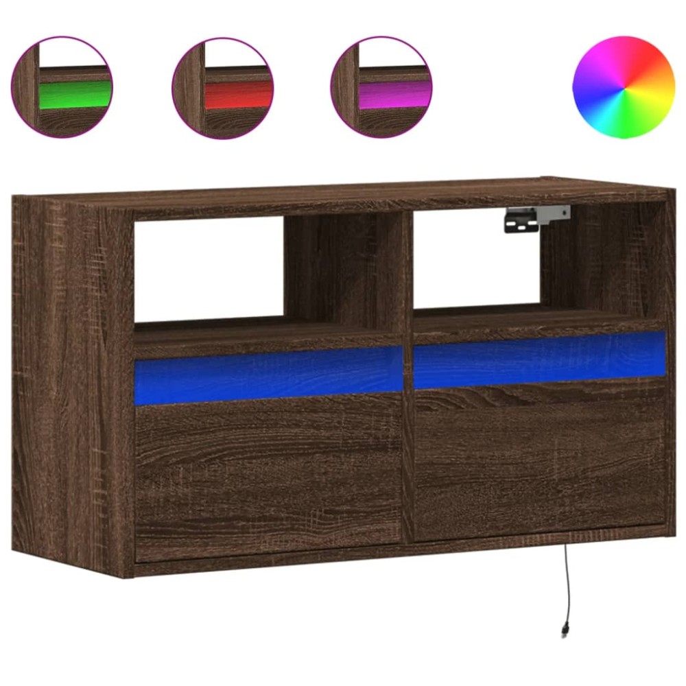 vidaXL Comodă TV de perete cu lumini LED, stejar maro, 80x31x45 cm