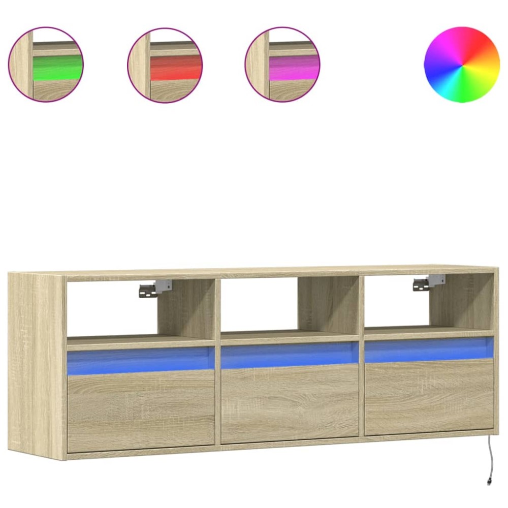 vidaXL Comodă TV de perete cu lumini LED, stejar sonoma, 130x31x45 cm