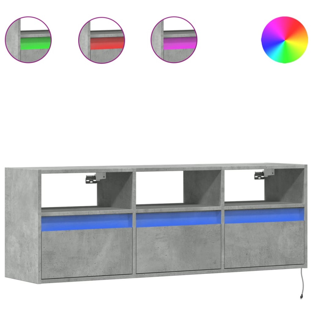 vidaXL Comodă TV de perete cu lumini LED, gri beton, 130x31x45 cm