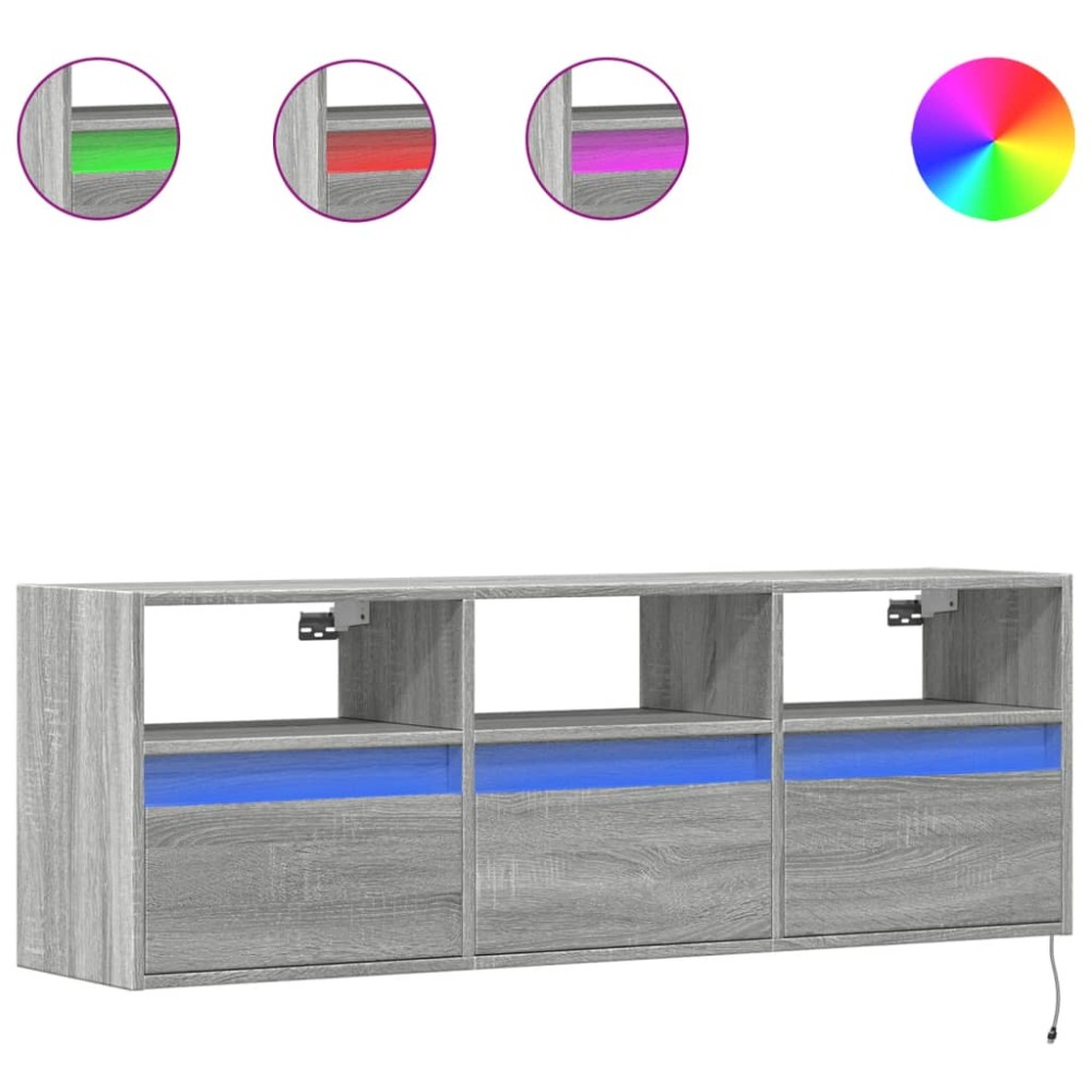 vidaXL Comodă TV de perete cu lumini LED, gri sonoma, 130x31x45 cm