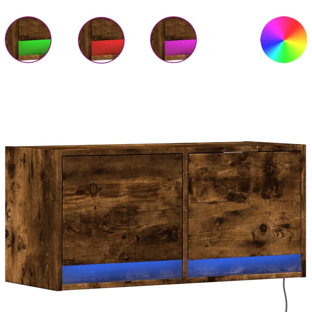 vidaXL Comodă TV de perete cu lumini LED, stejar fumuriu, 80x31x38 cm