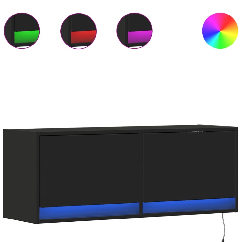 vidaXL Comodă TV de perete cu lumini LED, negru, 100x31x38 cm