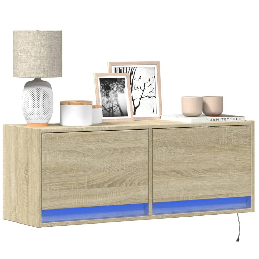 vidaXL Comodă TV de perete cu lumini LED, stejar sonoma, 100x31x38 cm